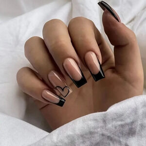 NWT24pc Long Ballerina Square Shape Press On Nails, Black Fake Nail With Heart